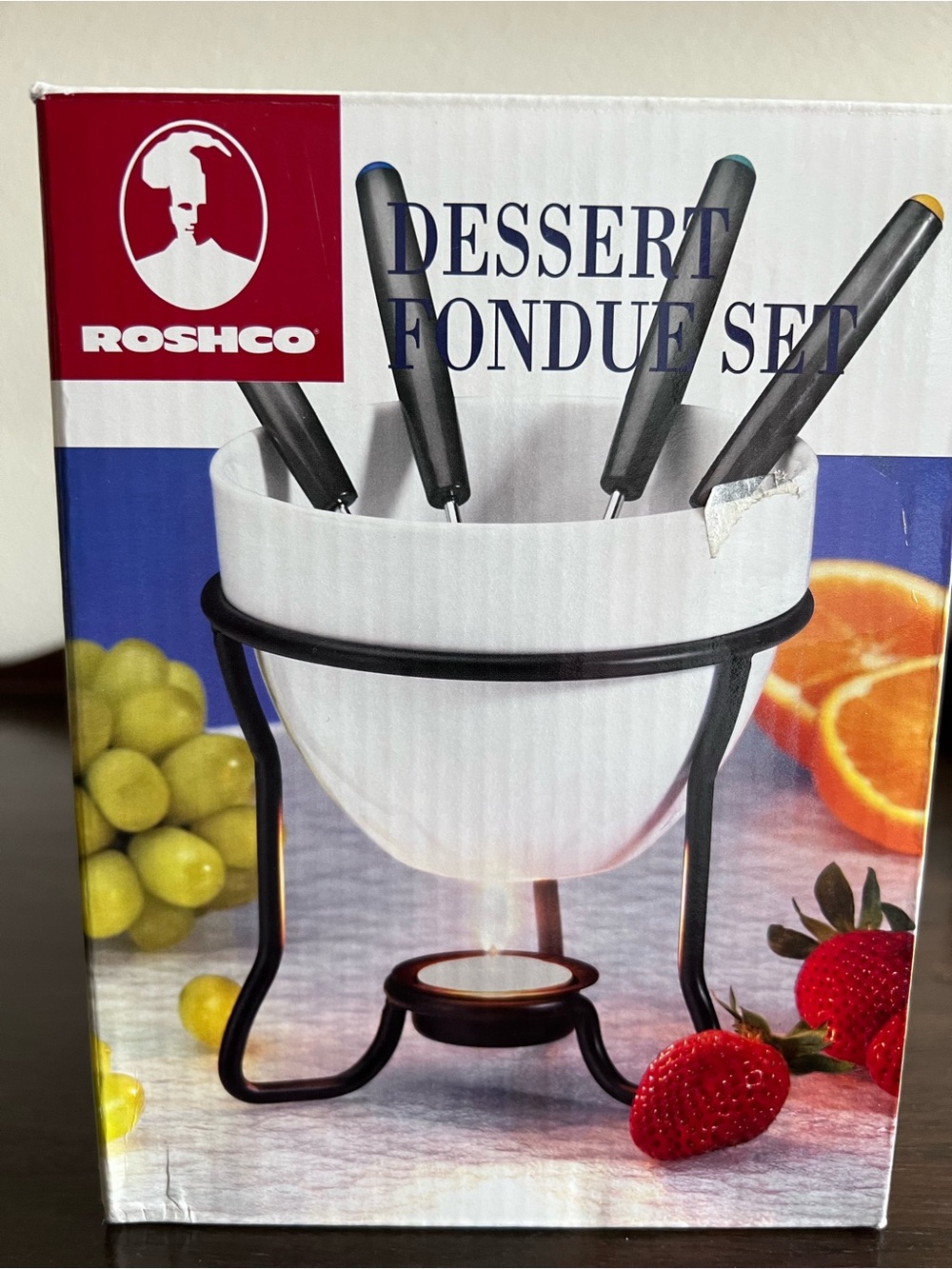 Roshco dessert fondue set, white ceramic pot, black stand, 4 forks, new